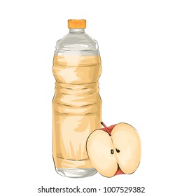 Green apple and bottle of vinegar. Vector illustration cartoon, isolated on white.