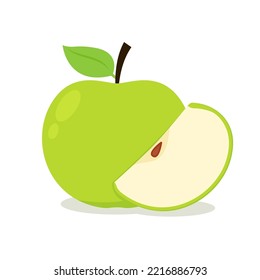 Green Apple. Bright vector set of colorful half, slice and segment of juicy green apple. Cartoons apples on a white background.