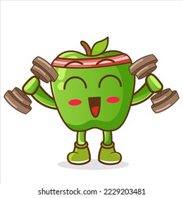 green apple cartoon character athlete holding a dumbbell in his hand