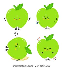 Green apple cartoon character in kawaii style demonstrating meditation, vocalization, resting, and muscle flexing poses