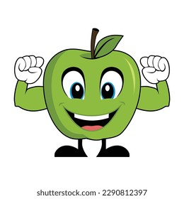 Green Apple Cartoon Character with Muscle Arms. Suitable for poster, banner, web, icon, mascot, background
