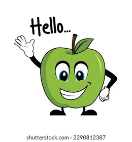 Green apple cartoon character saying hello. Suitable for poster, banner, web, icon, mascot, background