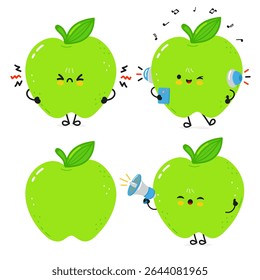 Green apple cartoon characters expressing emotions dancing, arguing, shouting through megaphone, enjoying music with playful personalities
