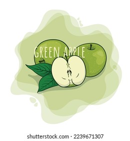 Green apple in cartoon design with apple leaf for juice advertising template design