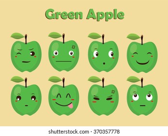 Green Apple Cartoon with Different Expressions
