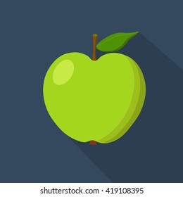 Green apple cartoon flat icon. Dark blue background. Vector illustration.