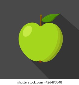 Green apple cartoon flat icon. Dark background. Vector illustration.