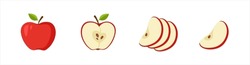 Green Apple Cartoon Set. Cross Section Of Cut Apple, Slices And Whole Fruit, Isolated Vector Illustration 10 Eps.