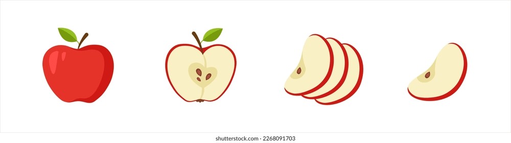 Green apple cartoon set  Cross section cut apple  slices   whole fruit  isolated vector illustration 10 eps 