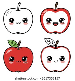 Green apple cartoon set. Cross section of cut apple, slices and whole fruit, isolated vector illustration 10 eps.apple icon two color line style vector illustration