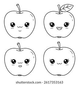 Green apple cartoon set. Cross section of cut apple, slices and whole fruit, isolated vector illustration 10 eps.apple icon two color line style vector illustration