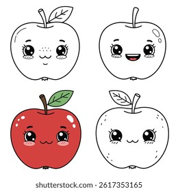 Green apple cartoon set. Cross section of cut apple, slices and whole fruit, isolated vector illustration 10 eps.apple icon two color line style vector illustration