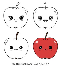 Green apple cartoon set. Cross section of cut apple, slices and whole fruit, isolated vector illustration 10 eps.apple icon two color line style vector illustration