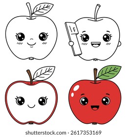 Green apple cartoon set. Cross section of cut apple, slices and whole fruit, isolated vector illustration 10 eps.apple icon two color line style vector illustration