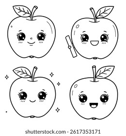 Green apple cartoon set. Cross section of cut apple, slices and whole fruit, isolated vector illustration 10 eps.apple icon two color line style vector illustration