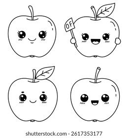 Green apple cartoon set. Cross section of cut apple, slices and whole fruit, isolated vector illustration 10 eps.apple icon two color line style vector illustration