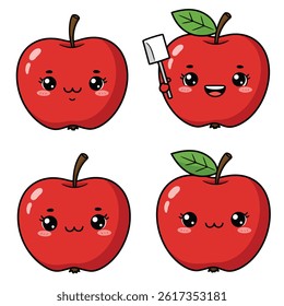 Green apple cartoon set. Cross section of cut apple, slices and whole fruit, isolated vector illustration 10 eps.apple icon two color line style vector illustration