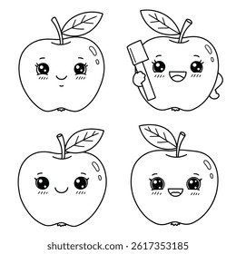 Green apple cartoon set. Cross section of cut apple, slices and whole fruit, isolated vector illustration 10 eps.apple icon two color line style vector illustration