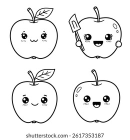 Green apple cartoon set. Cross section of cut apple, slices and whole fruit, isolated vector illustration 10 eps.apple icon two color line style vector illustration
