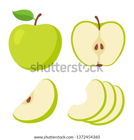 Green apple cartoon set. Cross section of cut apple, slices and whole fruit, isolated vector illustration.
