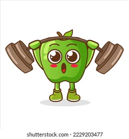 green apple cartoon weight training illustration. character vector. Cute strong apple athlete with sneakers and barbell.