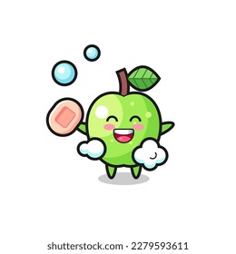 green apple character is bathing while holding soap , cute style design for t shirt, sticker, logo element