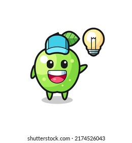 Grüner Apfelzeichenkartoon, der die Idee bekommt, süßes Design für T-Shirt, Aufkleber, Logo-Element