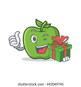 green apple character cartoon with gift