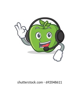 green apple character cartoon with headphone