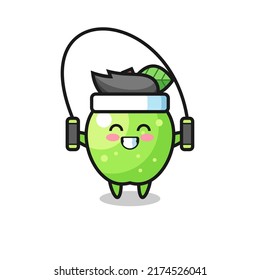caricatura de personajes de manzana verde con cuerda para saltar , diseño de estilo lindo para camiseta, pegatina, elemento logo