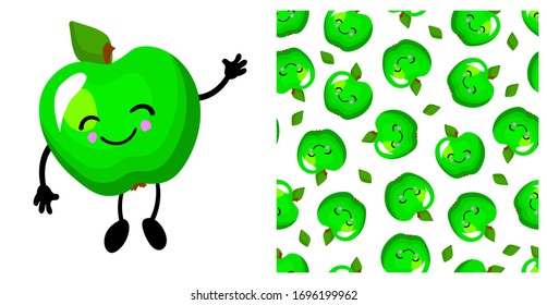 Green apple character. Cute funny apple. Fruit seamless vector pattern. Bright colors.