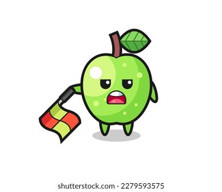 green apple character as line judge hold the flag down at a 45 degree angle , cute style design for t shirt, sticker, logo element