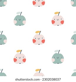 Caracteres de manzana verde sin fisuras con cara sonriente. Dibujo manual de dibujos animados en un sencillo estilo ingenuo. Ilustraciones vectoriales en una paleta pastel para los niños. Aislar la fruta linda en un fondo blanco