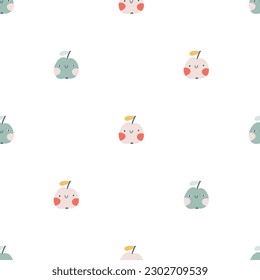Green apple character seamless pattern with smiley face. Hand-drawn cartoon doodle in simple naive style. Vector illustrations in a pastel palette for kids. Isolate cute fruit on a white background