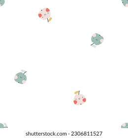Green apple character seamless pattern with smiley face. Hand-drawn cartoon doodle in simple naive style. Vector illustrations in a pastel palette for kids. Isolate cute fruit on a white background