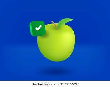 manzana verde con icono de marca de verificación verde. 3.ª ilustración vectorial

