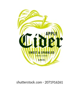 Green apple, cider label template in antique style, beverage package design