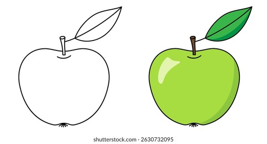Green apple color and line. Coloring book for kids. Vector illustration.