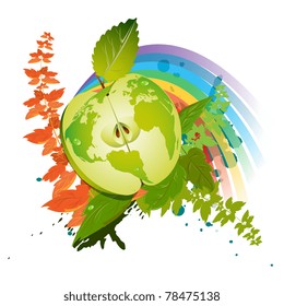 Green apple in the context of symbolizing environmentally appropriate planet against a background of vegetation and the rainbow