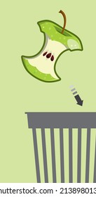 Green apple core flies into the trash can. The half-eaten apple is thrown into the trash. Throw out waste. Vector isolated on a green background. Granny Smith