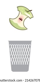 Green apple core flies into the trash can. The half-eaten apple is thrown into the trash. Throw out waste. Vector isolated on a white background