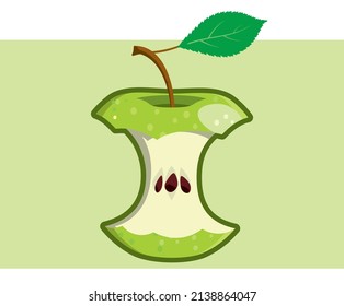 Núcleo de manzana verde. El vector de manzana medio comido aislado en un fondo verde. Arroja basura.  Granny Smith