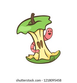 Green apple core with worm cartoon isolated vector. Apple stump with worm vector illustration. 
