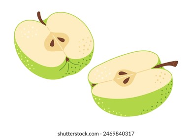 Grüner Apfel halbiert. Ein Stück grüne Frucht mit Samen. Apple halbes Icon. Handgezeichnete Trendy Flat Style Isolierte Vektorillustration