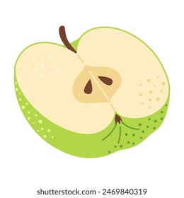 Green apple cut in half. One piece of green fruit with seeds. Apple half icon. Hand drawn Trendy flat style Isolated Vector illustration