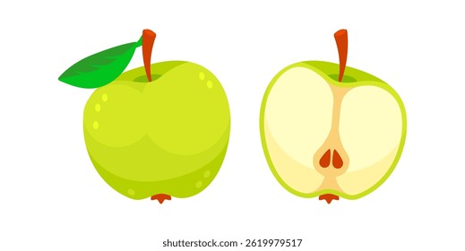 Green apple cut in half showing the seeds and a whole green apple with leaf