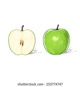 green apple with cut half sketch draw isolated over white background