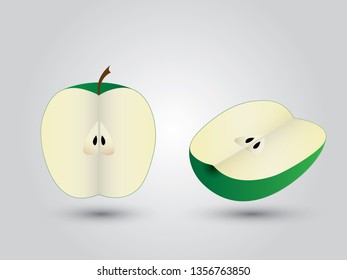 A green apple cut into two pieces or halves on white background vector illustration