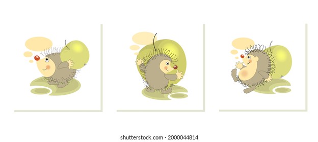 Green apple. Cute hedgehogs. Set sticker, badge, sticky label with quote Lovely funny character.