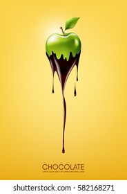 Green apple dipped in melting dark chocolate, fruit, fondue recipe concept, transparent, Vector
